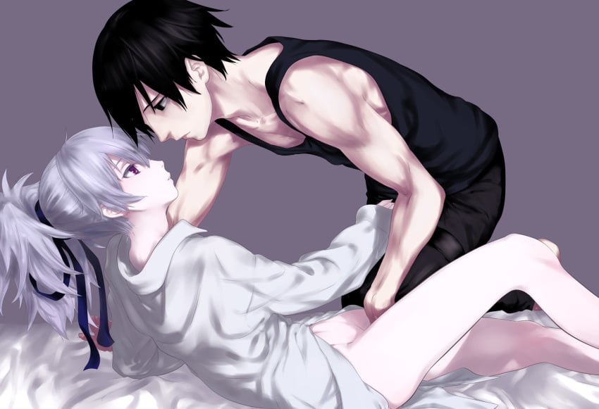 1boy arm_support barefoot bed black_eyes black_hair bottomless couple darker_than_black eye_contact face female fingering fingering_partner hair_ribbon hei_(darker_than_black) kawakami_rokkaku legs looking_at_another love mutual_masturbation ponytail profile purple_eyes ribbon shirt silver_hair straight tank_top tied_hair yin_(darker_than_black)