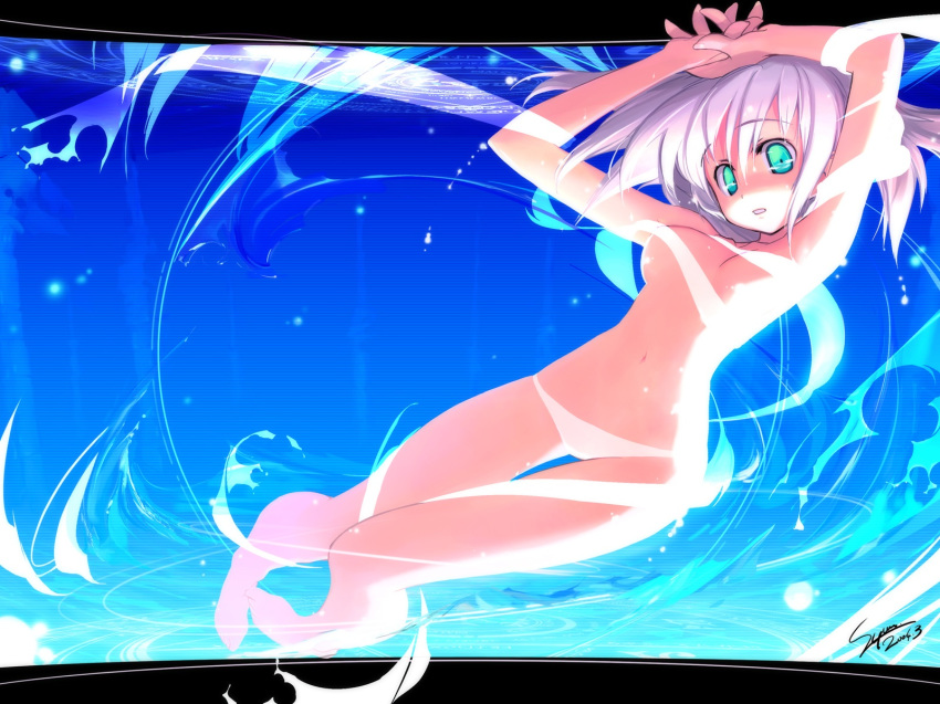 aqua_eyes barefoot breasts censored convenient_censoring green_eyes highres legs lowleg original panties purple_hair sumaki_shungo swimsuit topless underwear underwear_only wallpaper water white_panties