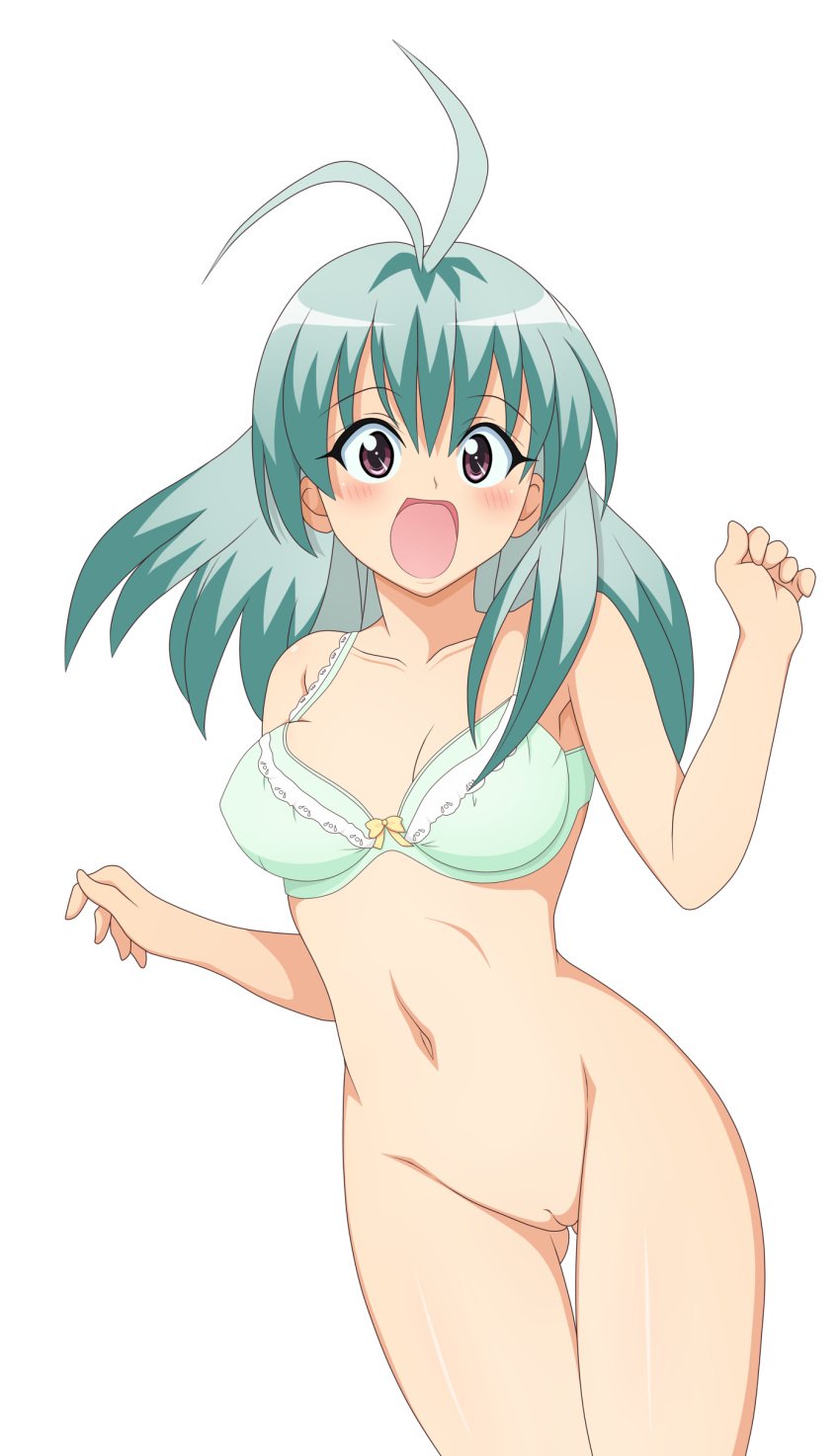 absurdres blush bottomless breasts female green_hair highres legs long_hair nude_filter open_mouth photoshop purple_eyes pussy run_elsie_jewelria solo thighs to_love-ru uncensored white_background