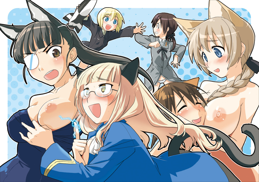 6+girls 6girls animal_ears black_hair blonde_hair blue_eyes blush braid breasts brown_eyes brown_hair cat_ears closed_eyes clothing dog_ears electricity erica_hartmann eye_patch female gertrud_barkhorn glasses large_breasts lynette_bishop miyafuji_yoshika motsu_(artist) mozu_(peth) multiple_boys multiple_girls nipples one-piece_swimsuit open_mouth panties pantyhose perrine_h_clostermann ponytail rocket sakamoto_mio school_swimsuit short_hair single_braid strike_witches sweat swimsuit tail tied_hair underwear yellow_eyes yuri