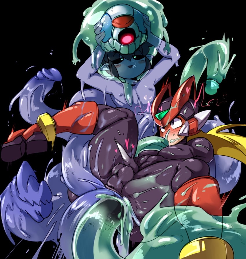 2boys anal anal_sex armor balls big_tail black_background black_hair black_sclera blonde_hair blush blush_sticker capcom clothing cum_while_penetrated docu_(doppel) doppel double_anal double_penetration footwear goo_creature green_eyes grey_eyes group hair headwear helmet humanoid long_tail male male_only mega_man mega_man_zero monster_boy nipples nude penetration penis pointy_ears sex simple_background smile tail_mouth teal_eyes tentacle tentacle_on_male video_games yaoi zero_(mega_man)