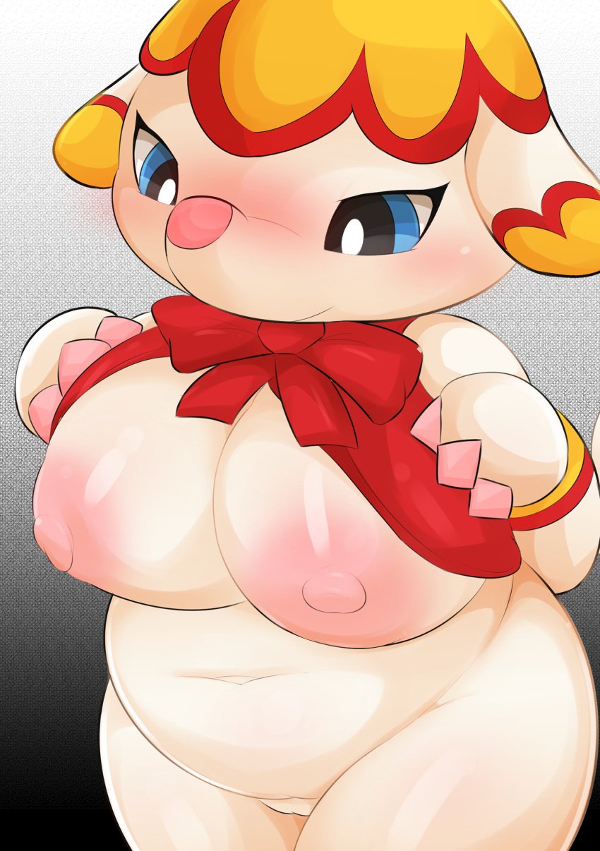 absurd_res animal_crossing animal_crossing_new_horizons anthro areola big_breasts blue_eyes blush breasts elephant elephantid female female_only genitals hand_on_breast hi_res looking_at_viewer margie_(animal_crossing) nintendo nintendo_switch nipples pussy solo solo_female thick_thighs type vagina yellow_body