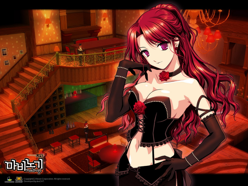 3girls arm arms bare_shoulders black_gloves breasts choker cleavage collarbone corset earrings elbow_gloves female gloves hand_on_hip head_tilt highres jewelry large_breasts long_hair looking_at_viewer mabinogi midriff multiple_girls navel neck necklace official_art purple_eyes red_eyes red_hair rose rua shiny shiny_hair shiny_skin smile strapless suspenders wallpaper