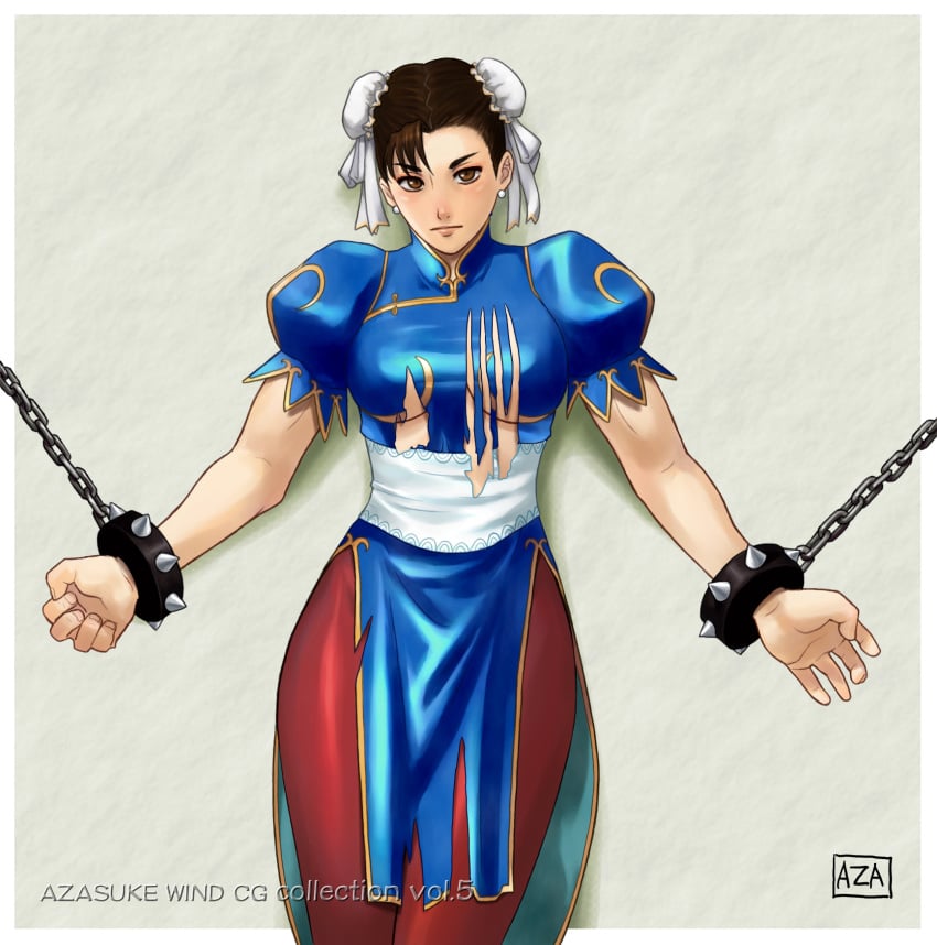 azasuke bondage bracelet capcom chained chains chun-li double_bun female female_only highres human jewelry pantyhose solo spiked_bracelet spikes street_fighter torn_clothes