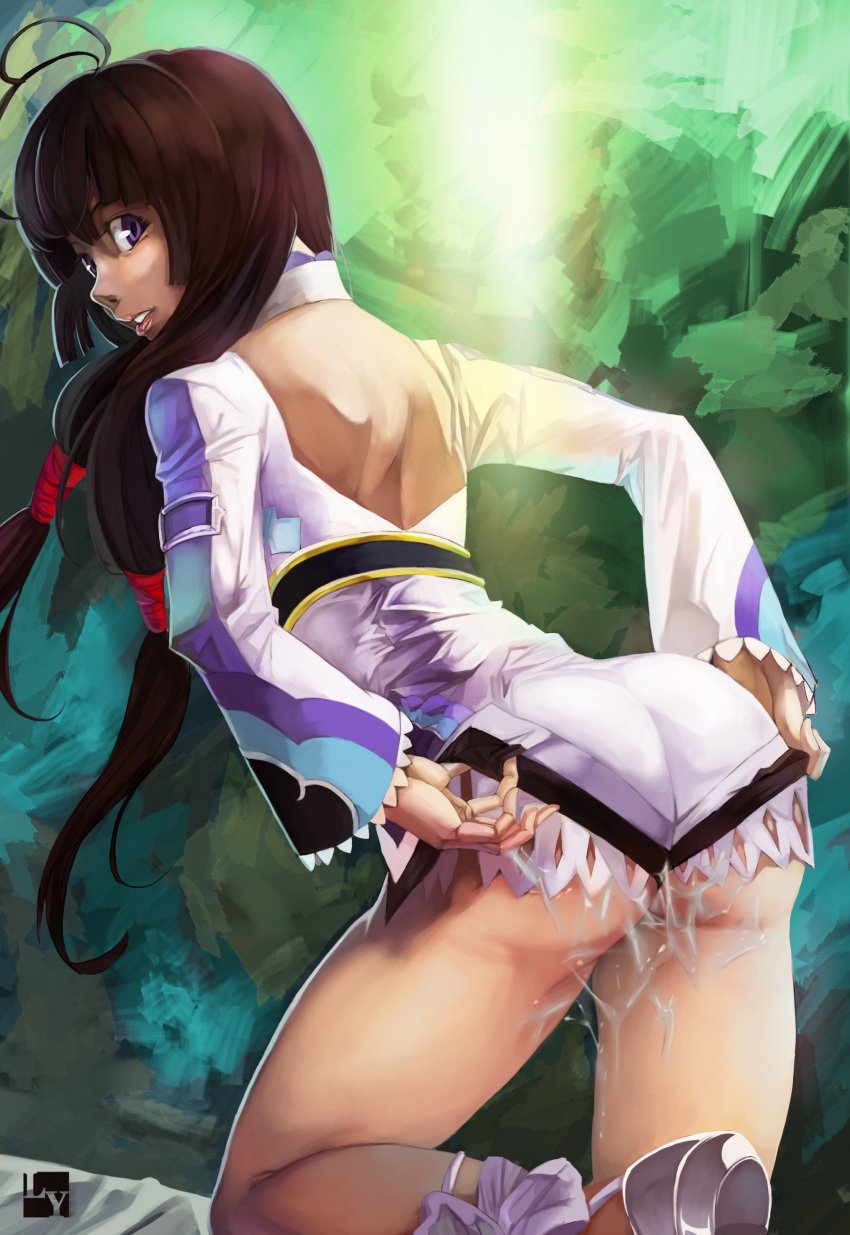 absurdres adjusting_clothes ass brown_hair club3 cum cum_drip cum_on_body cum_wearing highres kohaku_hearts long_hair looking_back nanaya_(daaijianglin) purple_eyes solo tales_of_(series) tales_of_hearts tied_hair twintails violet_eyes