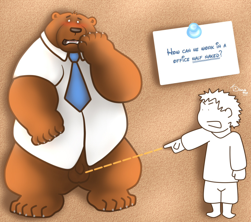 balls bear bottomless brown_fur clothed clothing dakota-bear duo embarrassed exposed fur grizzly_bear half-dressed human male male_only mammal necktie penis sheath text texture_background the_cleveland_show tim_the_bear