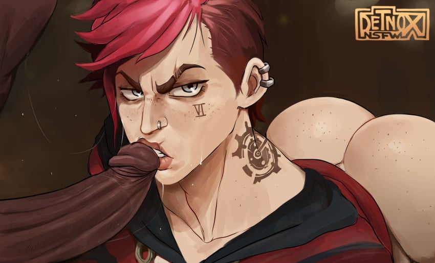 1boy 1girls angry angry_face arcane arcane_vi ass big_ass bottomless bottomless_female cock detnox fellatio female gritted_teeth huge league_of_legends lesbian_conversion light-skinned_female male piercing red_hair riot_games tagme tattoo tattoos vi