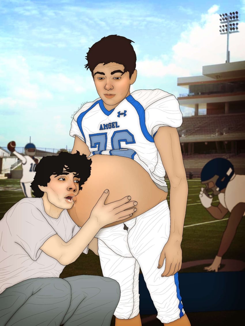 asher_angel finn_wolfhard football football_field football_player football_uniform gay male male/male/male male_only male_pregnancy mpreg navel_fetish navel_lick navel_licking navel_worship pregnant pregnant_boy pregnant_male thestarry900 threesome yaoi