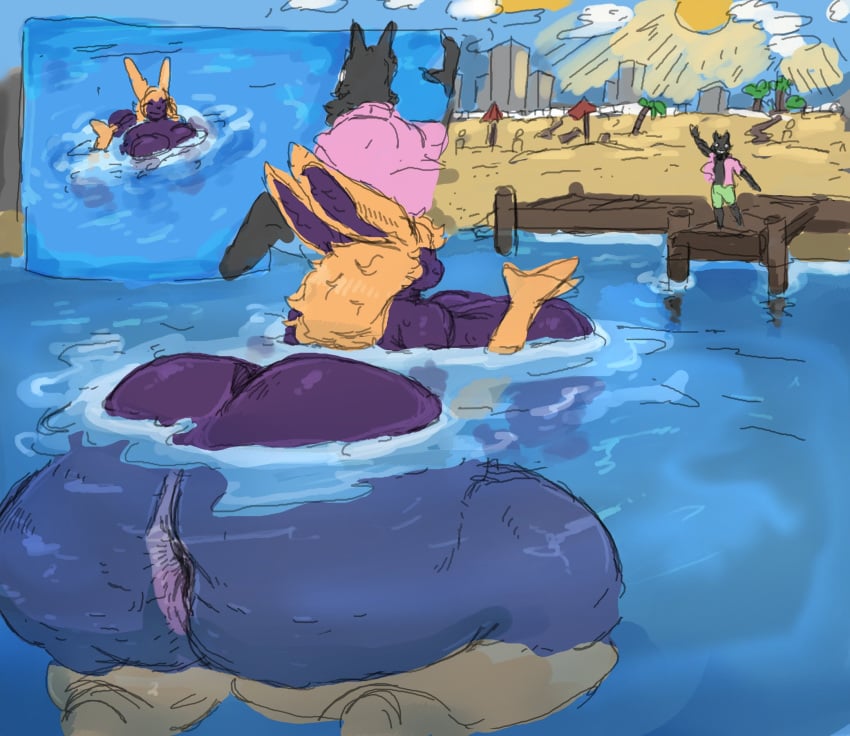 1boy 1girls anthro anus ass ass_bigger_than_head ass_focus beach beach_background behind_view big_ass big_breasts big_butt blonde_hair breasts breasts_bigger_than_head breastwizard bubble_butt canine curvaceous curvy curvy_figure dat_ass dock female furry giantess huge_ass huge_breasts hyper_ass hyper_breasts lagomorph long_hair male nude ocean puffy_anus rabbit rabbit_ears solo_focus swimming thick_thighs voluptuous voluptuous_female water wide_hips