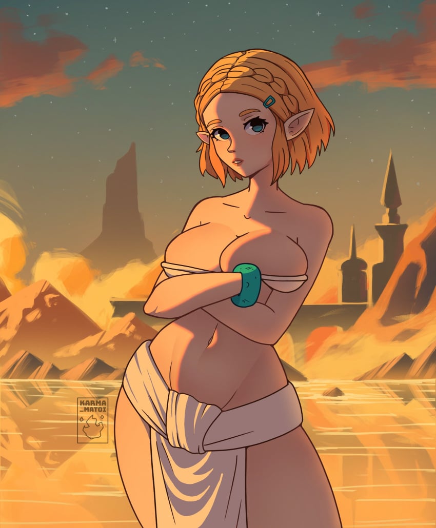 2hot! big_ass big_breasts big_butt big_thighs big_titties blue_eyes breasts covered_nipples curvaceous curvaceous_female curvaceous_figure curvy curvy_figure curvy_hips elf_ears female female_focus female_only princess_zelda short_hair the_legend_of_zelda yellow_hair