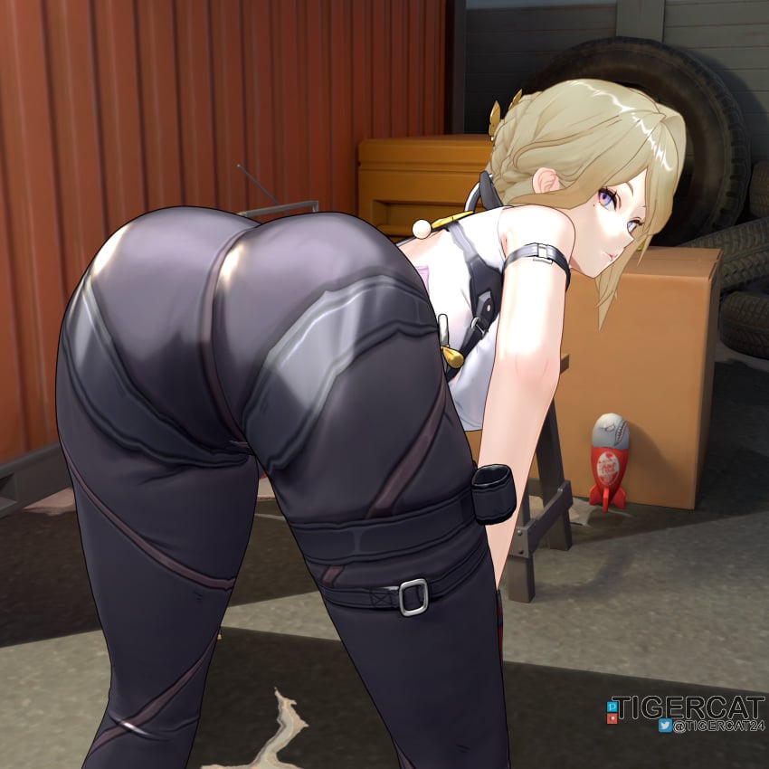 1girls 3d ass ass_focus ass_up background blender blonde_hair clothed clothing evelyn_chevalier female hand_on_leg light-skinned_female light_skin sexy tagme tigercat zenless_zone_zero