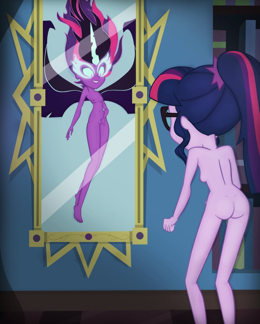 10s 2018 2girls absurd_res accurate_art_style areolae ass bare_ass bare_back bare_legs bare_shoulders barefoot bedroom blue_hair breasts cleft_of_venus commission completely_nude completely_nude_female dual_persona equestria_girls equestria_girls:_legend_of_everfree eyelashes female female_masturbation fingering fingering_self fire_hair friendship_is_magic glasses hair_ornament hasbro hi_res horn huge_filesize indoors invisibleink looking_at_another masturbation medium_breasts midnight_sparkle mirror multicolored_hair multiple_girls my_little_pony navel nipples nude nude_female ponytail purple_skin sci-twi shoulder_blades smirk standing standing_masturbation stomach teenage_girl teenager tied_hair toes twilight_sparkle_(mlp) very_long_hair wings young
