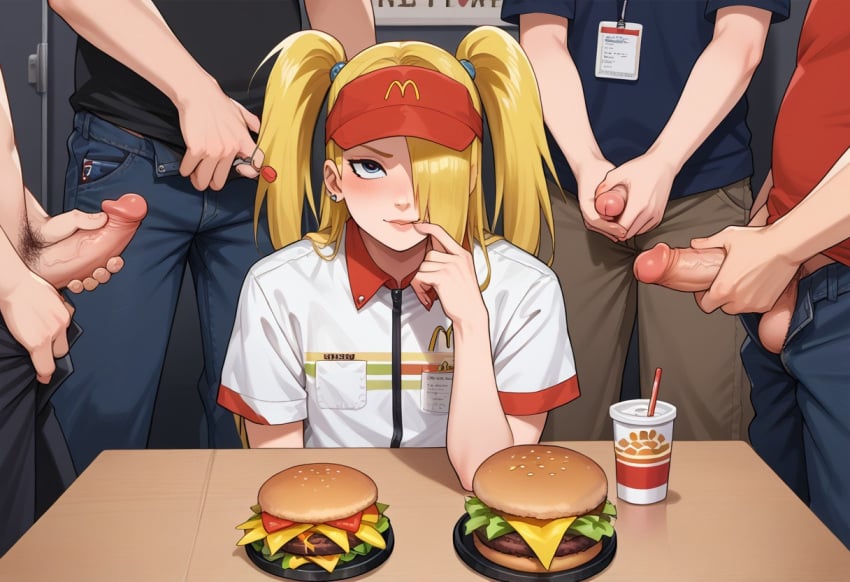 1boy ai_generated blonde_hair deidara fast_food femboy fries gangbang goth hamburger long_hair male male_only mcdonald's multiple_boys naruto nipples pants penis ponytail punk sissy small_penis smile smiling_at_viewer soda thick_thighs thighs