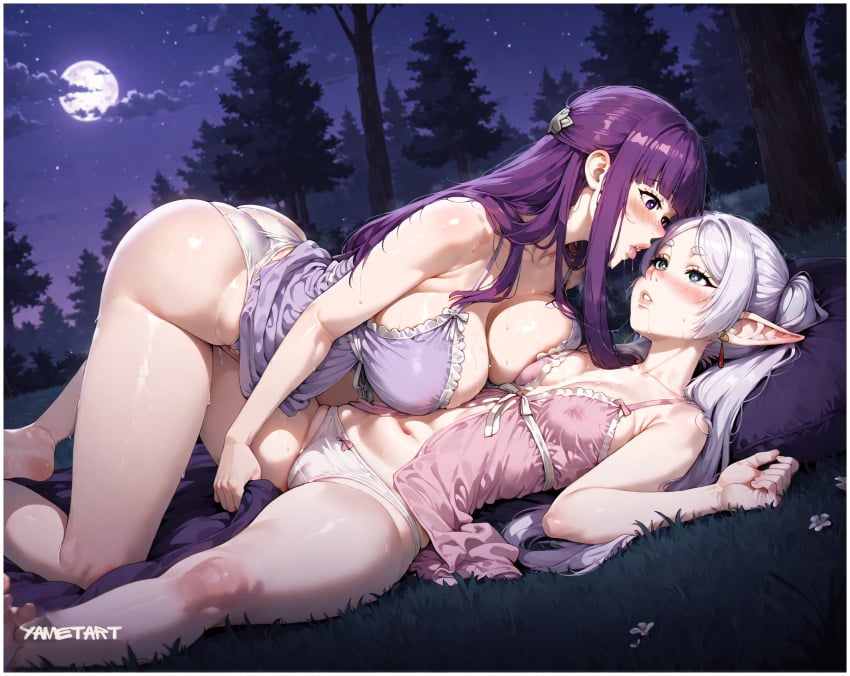 2girls age_difference ai_generated big_breasts curvy elf elf_ears elf_female elf_girl female female/female female_only fern_(sousou_no_frieren) frieren frieren_beyond_journey's_end high_resolution highres large_breasts lesbian_couple lesbian_sex night outdoors purple_eyes purple_hair sex small_breasts sousou_no_frieren teacher_and_student yametastudio yuri