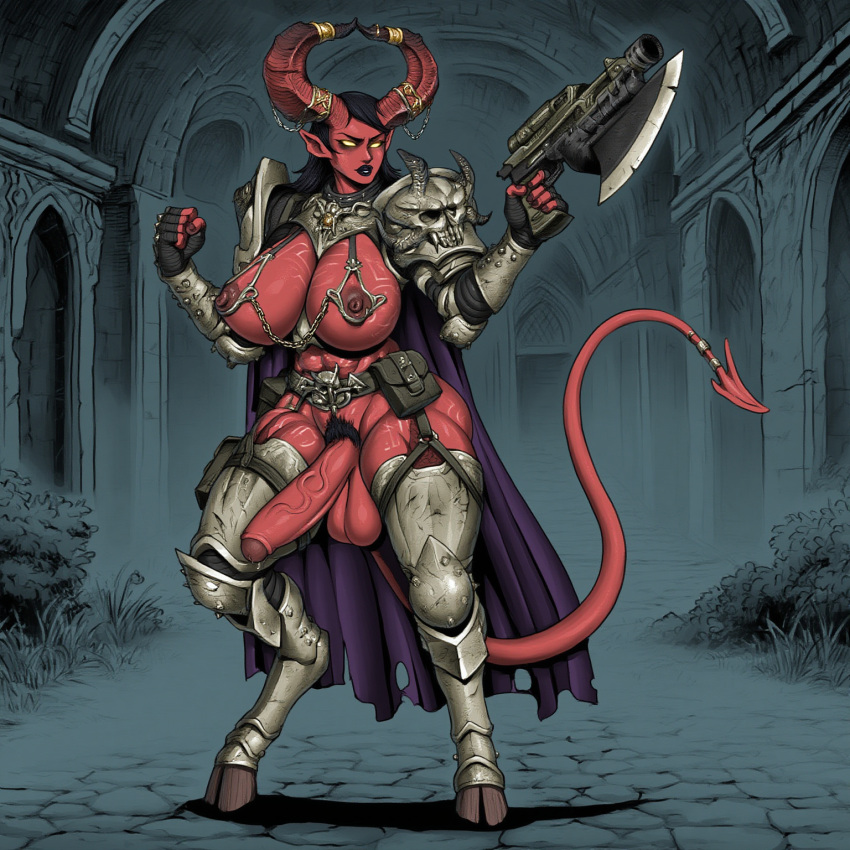 ai_assisted ai_generated armor balls breasts cock demon demon_girl demon_horns demon_tail futa_only futanari greyscaler gun holding holding_weapon horn_jewelry horns huge_balls huge_breasts huge_cock intersex monster_girl muscular muscular_futa muscular_futanari muscular_thighs nipple_chain nipple_cutout penis pistol ranged_weapon red_skin solo solo_futa tail thick_thighs yellow_eyes