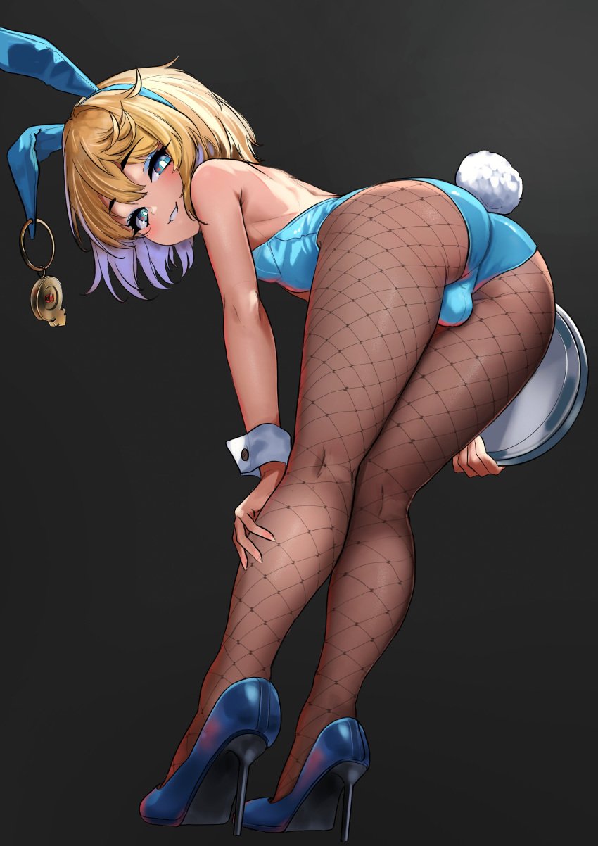 1boy 1femboy 2d absurd_res bending_over bent_over blonde_hair blue_eyes blush bridget bulge bunny_ears bunny_ears_(cosmetic) bunny_tail bunnysuit crossdressing crossdressing_male eyeliner femboy femboy_only feminine_male fishnet_pantyhose fishnets girly grin grinning_at_viewer guilty_gear guilty_gear_strive heels high_heels izumi_is_blah looking_at_viewer makeup male male_only male_playboy_bunny otoko_no_ko otokonoko pantyhose playboy_bunny rear_view smiling smiling_at_viewer solo teenager tomgirl trap twink wrist_cuffs