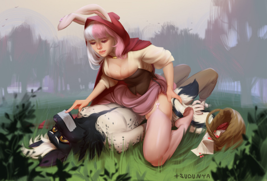 animal_humanoid anthro black_body black_fur bottomwear canid canine canis clothing detailed_background dominant dominant_female duct_tape duct_tape_gag duo female fur gag gagged garter_straps hair hood humanoid lagomorph lagomorph_humanoid legwear leporid_humanoid lying male male/female mammal mammal_humanoid on_back pink_hair rabbit_humanoid red_riding_hood restrained sitting_on_another skirt tape teasing thigh_highs tsupunya white_body white_fur white_hair wolf