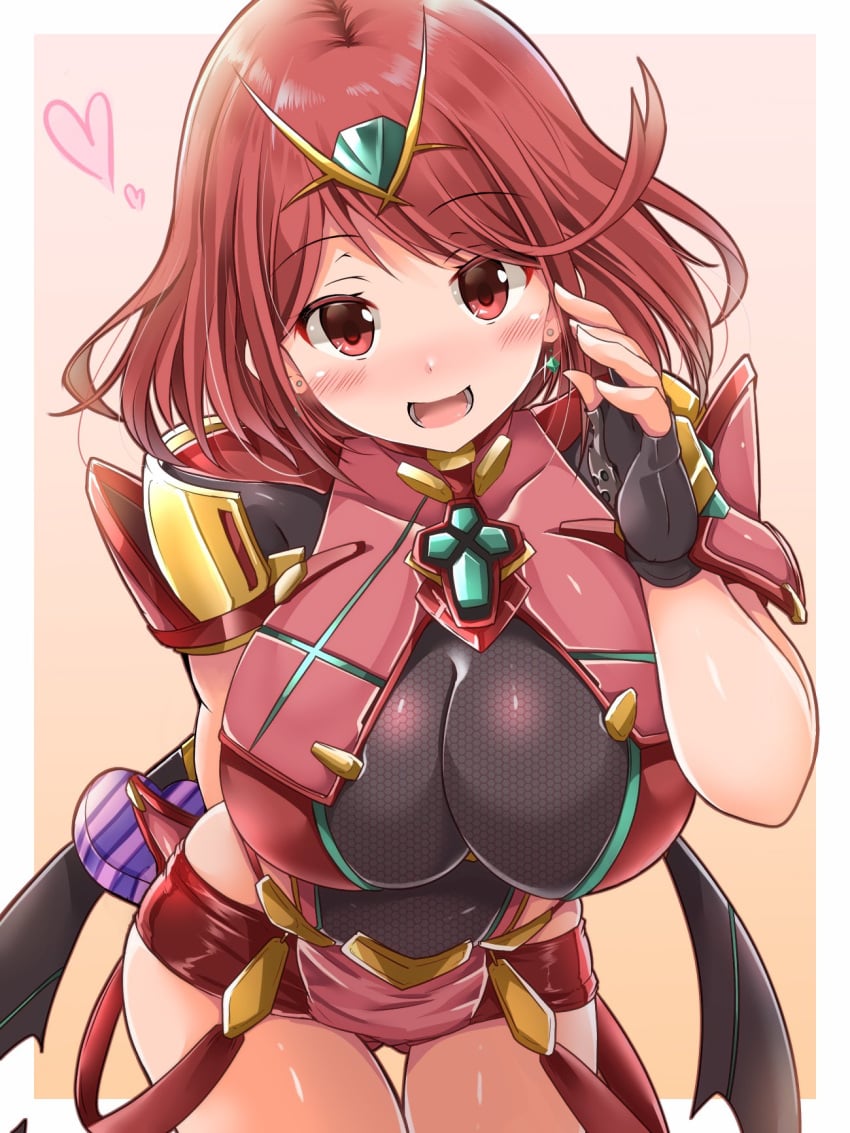 breasts candy chocolate earrings female fingerless_gloves food gem gloves hair_ornament headpiece heart heart-shaped_chocolate heart-shaped_food highres jewelry kurokaze_no_sora large_breasts leaning_forward looking_at_viewer pyra_(xenoblade) red_eyes red_hair short_hair skindentation solo tiara xenoblade_chronicles_(series) xenoblade_chronicles_2