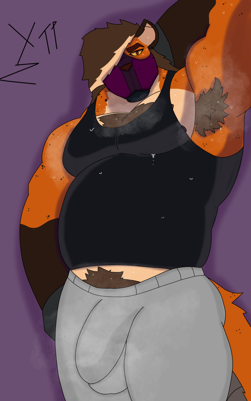 absurd_res anthro armpit_fetish armpit_hair big_man_xan bodily_fluids body_hair bondage bottomwear bulge chest_hair clothing erection erection_under_clothing gloves handwear hi_res hyena male male_only mammal mask musclegut muscular musk musk_clouds orange_body overweight pants petplay piercing pubes pup_mask puppyplay roleplay solo sweat sweatpants topwear vest