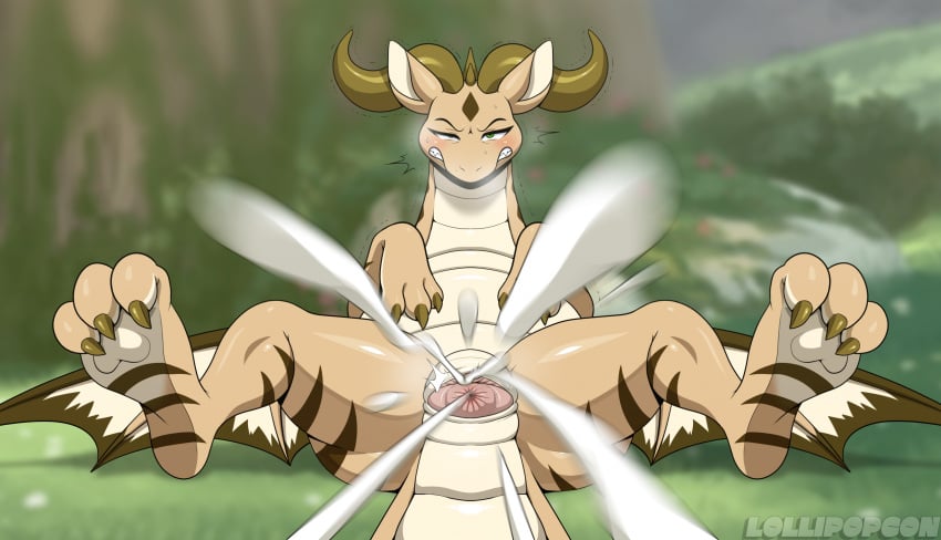 animal_genitalia artist_name blush breath brown_body brown_horn brown_scales claws clenched_teeth cloaca curling_toes dragon emanata feet female feral genitals grass green_eyes hi_res horn lollipopcon lying membrane_(anatomy) membranous_wings mirah moss mythological_creature mythological_scalie mythology narrowed_eyes on_back outside plant quadruped rock scales scalie solo straining striped_body striped_scales stripes tail tan_body tan_scales teeth text urate white_body white_scales wings