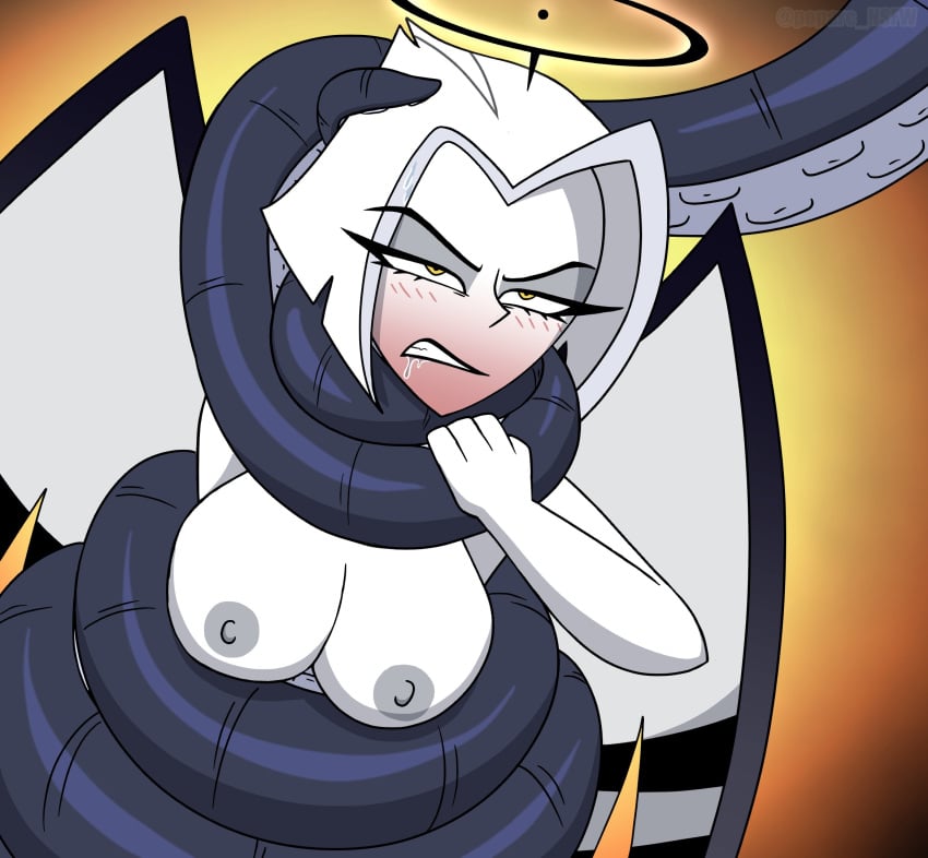 drool halo hazbin_hotel heavy_blush lute_(hazbin_hotel) nude poparc_nsfw tentacle vivienne_medrano vivziepop wings
