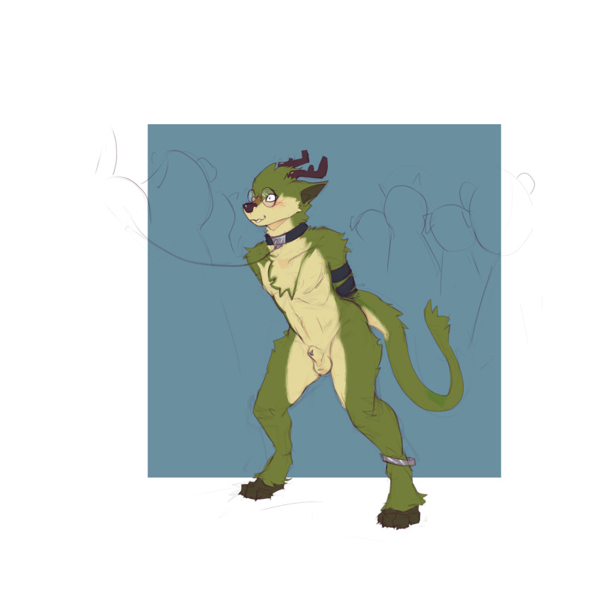 absurd_res alpha_channel animal_genitalia anklet antlers arino blush chest_tuft collar collar_only countershade_face countershade_fur countershade_legs countershade_neck countershade_tail countershade_thighs countershading deer embarrassed eyewear fully_sheathed fur furgonomics furred_kobold furred_scalie furry furry-specific_piercing genital_piercing genitals glasses green_body green_fur hands_tied_behind_back hi_res horn humiliation hybrid jewelry kobold leash leashed_collar long_tail male mammal mossweaver nude piercing public public_nudity purple_antlers ring_piercing round_glasses scalie sheath sheath_piercing sheath_ring simple_background tail tail_tuft tan_body tan_countershading tan_fur transparent_background tuft