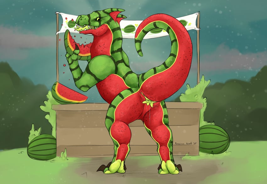 2025 absurd_res animal_genitalia ass banner bodily_fluids brown_claws claws cloaca cloaca_juice cloaca_juice_string creases digitigrade dragon eating eating_food eyelashes female feral ferocious_ferals food forked_tongue fruit fruit_stand genital_fluids genitals glistening glistening_body green_body green_pawpads green_paws green_scales happy hi_res horizontal_cloca horizontal_pussy horizontal_slit looking_at_viewer markings melon mythological_creature mythological_scalie mythology nature nature_background open_mouth pawpads plant presenting presenting_cloaca presenting_hindquarters presenting_pussy pussy raised_tail red_body red_scales saggy_pussy scales scalie shrub signature sky smile solo striped_markings striped_tail stripes tail tail_markings thick_tail tongue watermelon watermelon_drake watermelon_slice wingless_dragon yellow_eyes yellow_genitals yellow_pussy