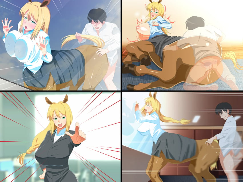 1girls anus ass big_breasts black_hair blonde_hair blush breast_squish breasts censored centaur clothed clothing cum cum_in_pussy cum_inside duo equine female from_behind fur green_eyes hair half-dressed haruharu55 hooves human ineffective_censorship interspecies invisible_penis large_breasts male mammal nipples open_mouth penetration penis pussy sex straight tail_pull taur vaginal_penetration x-ray