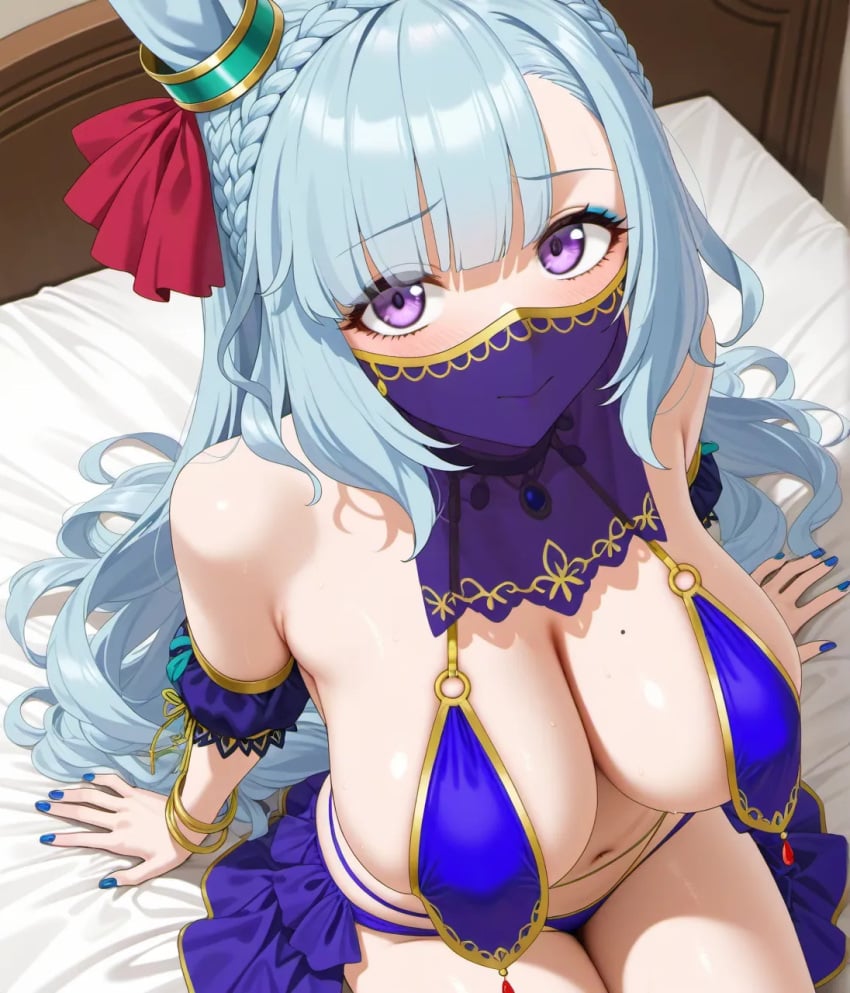ai_generated animal_ears blue_hair breasts cosplay dancer_outfit female half_ponytail light_blue_hair long_hair mejiro_ardan_(umamusume) princess purple_eyes umamusume umamusume_pretty_derby