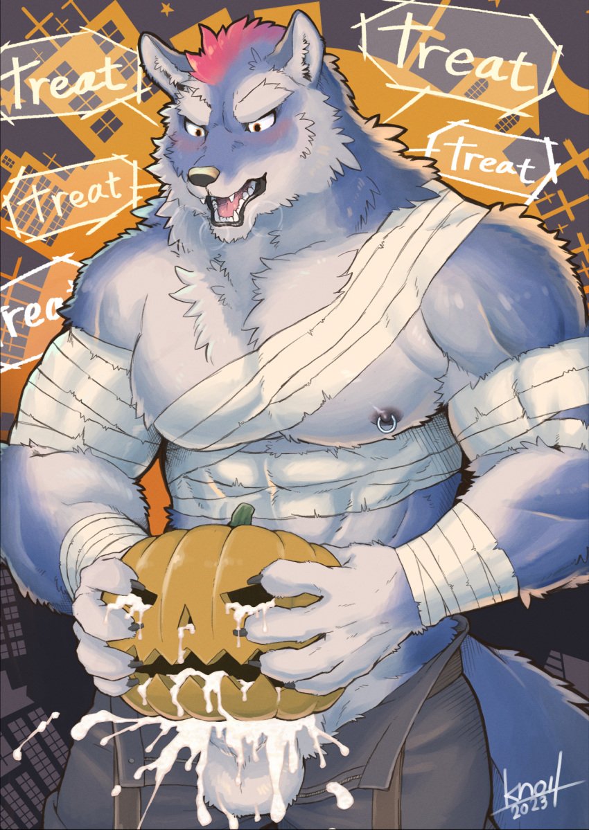 abs anthro balls biceps black_nipples black_nose blush bodily_fluids canid canine canis claws clothing costume cum cumshot ejaculation english_text fangs finger_claws fur genital_fluids genitals halloween hi_res holidays kemono knoll-noru knoll_noru male mammal multicolored_body multicolored_fur muscular muscular_anthro muscular_male nipple_piercing nipples pecs piercing pumpkin_masturbation solo speech_bubble teeth text two_tone_body two_tone_fur wolf