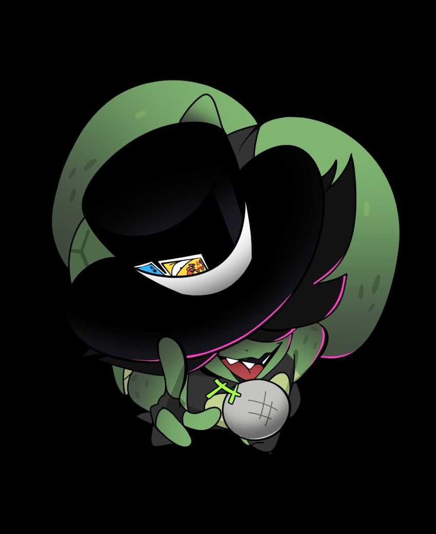 2d ace_of_hearts ace_of_spades ass_focus ass_up black_background black_hair bubble_ass bubble_butt cards color colored femboy femboy_only green_skin hair_covering_eyes leotard male male_only microphone mr5star no_text sharp_teeth solo solo_focus speaking thick_ass thick_thighs thigh_highs thighhighs tophat tophat_turtle turtle turtle_(tophat_turtle) wide_hips