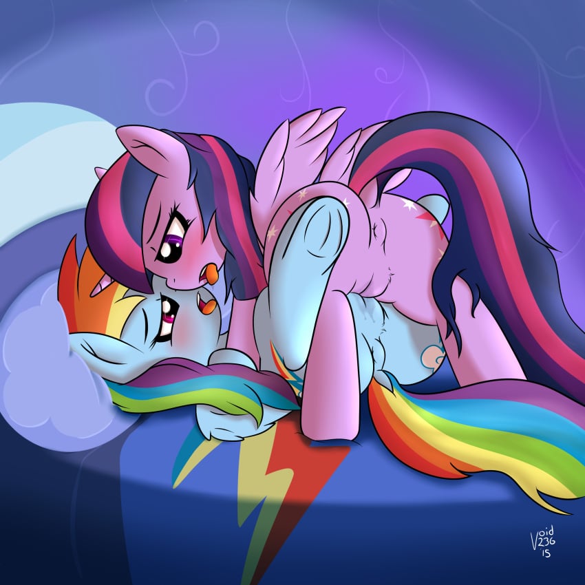 2015 2girls alicorn anthro anus ass bed blue_fur blush cutie_mark female friendship_is_magic fur furry girl_on_top hair horn lying multicolored_hair my_little_pony on_back open_mouth pillow pink_eyes purple_eyes purple_fur pussy pussy_juice rainbow rainbow_dash_(mlp) smooth_skin spread_legs tongue tongue_out tribadism twilight_sparkle_(mlp) two_tone uncensored void236 wings yuri