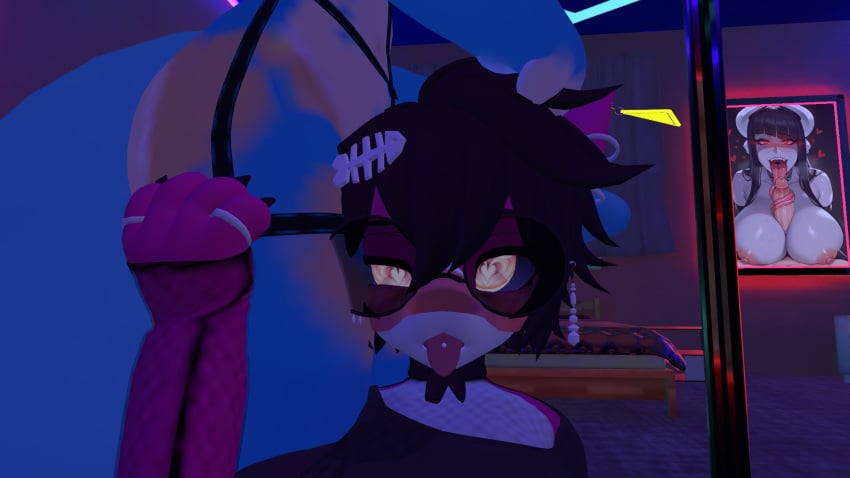 black_hair blue_dick blush brain_fuck ear_fuck ear_penetration finger_ring fishnets fucked_stupid furry glasses heart_eyes mrhighvoice open_mouth shark stripper_pole tongue_out tongue_piercing vrchat