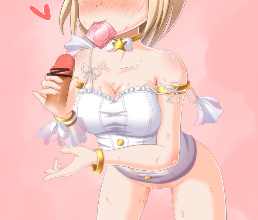 blonde_hair blush bottomless bracelet breasts censored cleavage condom condom_in_mouth disembodied_penis djeeta_(granblue_fantasy) female granblue_fantasy mouth_hold penis short_hair strap_slip takasimareki