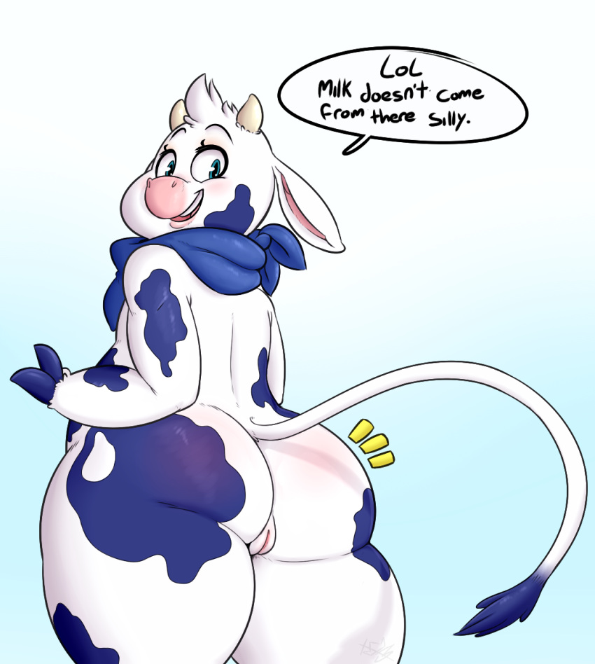 anthro ass bovine cattle chubby chubby_female dialogue english_text female first_porn_of_franchise fur furry furry_only horns lactaid lactaid_cow looking_at_viewer looking_back mammal nude pussy solo standing tail text thick_thighs thunder_thighs wide_hips xingscourge