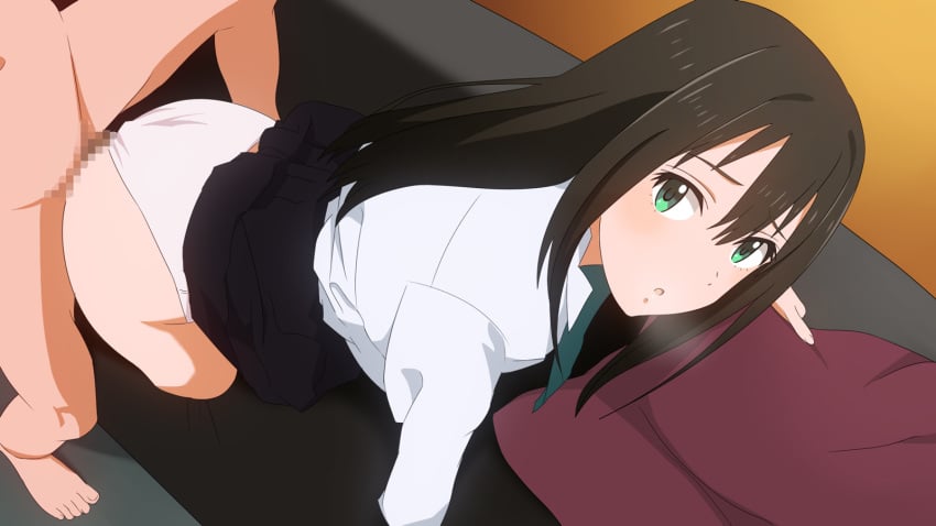 all_fours ass black_hair breath censored doggy_style female green_eyes highres human idolmaster idolmaster_cinderella_girls long_hair male mosaic_censoring panties panties_aside parted_lips school_uniform sex shibuya_rin skirt skirt_lift straight undershaft underwear