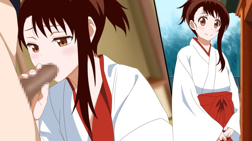 1boy 1girls 2koma blush brown_eyes brown_hair censored comic erection faceless_male fellatio female female_focus hair_up hakama half-closed_eyes japanese_clothes kimono light-skinned_female light_blush looking_at_viewer miko mosaic_censoring nisekoi onodera_kosaki oral oral_sex penis penis_grab ponytail sequence short_ponytail smile solo_focus tied_hair undershaft white_skin