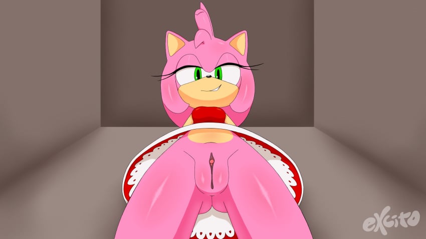 amy_rose bangs bedroom_eyes bottomless breasts clitoral_hood clitoris clothing dress excito eyelashes female first_person_view fur furry furry_only green_eyes half-closed_eyes hedgehog hi_res looking_at_viewer looking_down low-angle_view mammal navel no_panties no_underwear pink_fur plump_labia pov pussy pussy_towards_viewer seductive shiny_fur smug solo sonic_(series) underass underboob worm's-eye_view