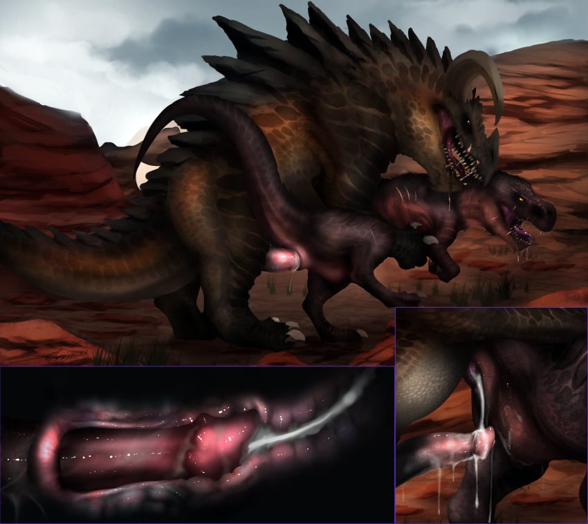 ambiguous_gender animal_genitalia cloaca cloacal_penetration cum cum_inside cutaway dinosaur dradgien dragon drooling duo erection feral feral_on_feral from_behind internal male penetration penis pull_out saliva scalie sex side_view tyrannosaurus_rex