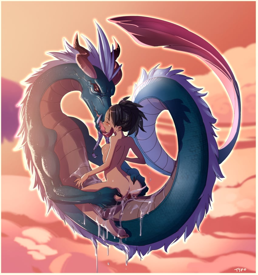 1girls ass ass_grab balls_deep black_hair blush border breasts closed_eyes cowgirl_position cum cum_in_ass cum_in_pussy cum_inside double_penetration dracophilia dragon eastern_dragon female flying highres interspecies licking licking_face lizard long_tongue male mastery_position momohime muramasa_the_demon_blade nude open_mouth optionaltypo penetration penis reptile saliva sex short_hair size_difference small_breasts spread_legs straddling tears tongue tongue_out uncensored vaginal_penetration zoophilia