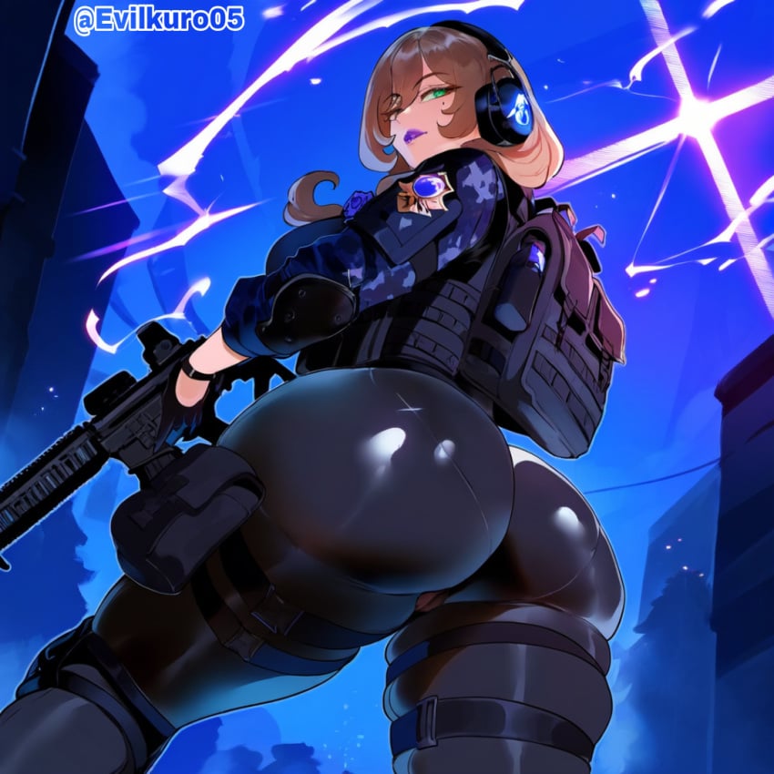 ai_generated ass_focus assault_rifle electricity evilkuro05 genshin_impact lisa_(genshin_impact) looking_back massive_ass tactical_clothes