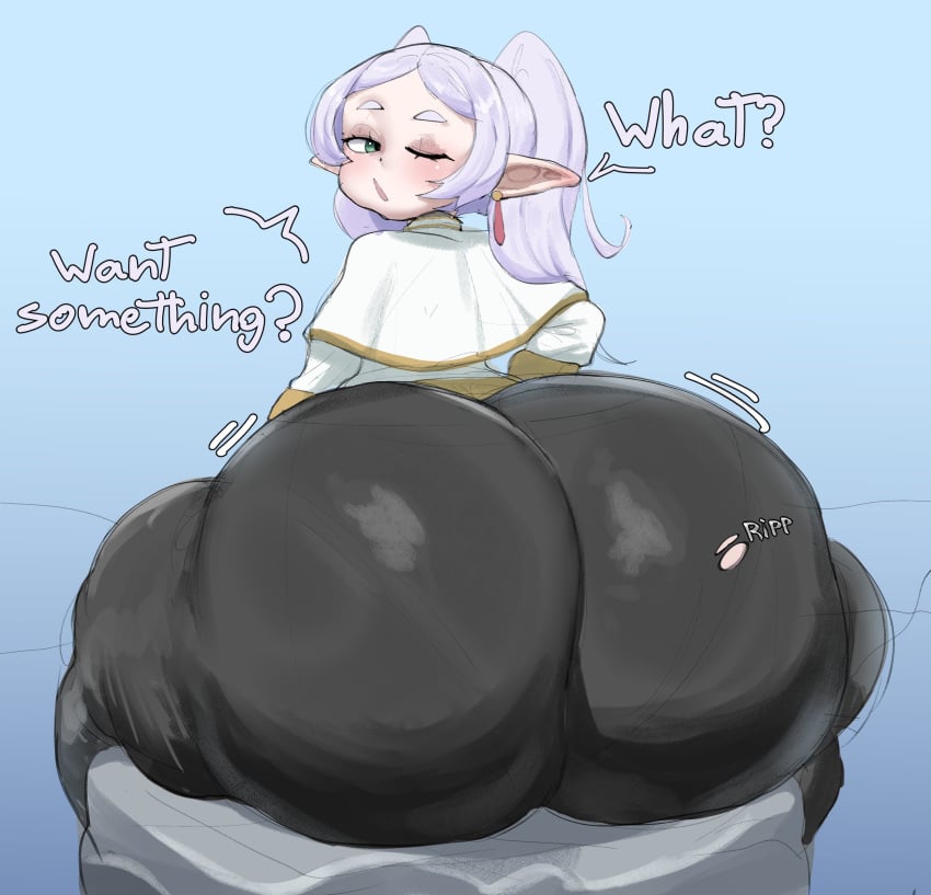 1girls 2024 ass ass_bigger_than_head ass_focus ass_jiggle background big_ass big_thighs black_leggings blush bottom_heavy bubble_butt clothed dumptruck_ass dumptruck_butt earrings elf elf_ears elf_female elf_girl fat_ass frieren green_eyes hi_res highres huge_ass huge_butt huge_thighs hyper_ass leggings long_hair looking_at_viewer looking_back motylek one_eye_closed pantyhose pointy_ears ripped_pants solo solo_female sousou_no_frieren text thick_ass thick_thighs tight_pants white_hair wide_hips wide_thighs wobbling_ass