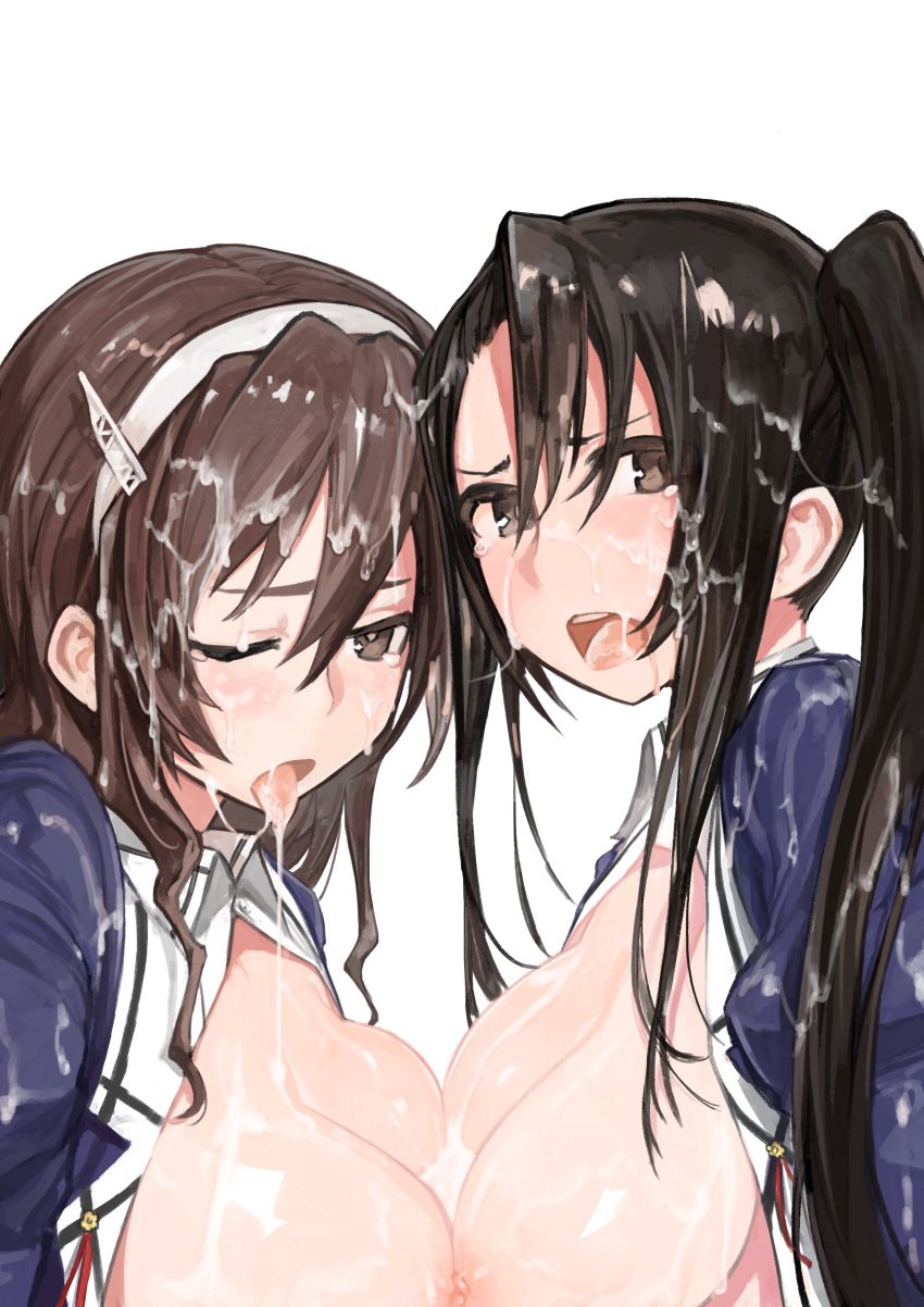 2girls absurdres ashigara_(kantai_collection) black_eyes black_hair blush breast_press breasts brown_hair cum cum_in_mouth cum_on_body cum_on_breasts cum_on_upper_body facial hairband highres kantai_collection kylin large_breasts long_hair multiple_girls nachi_(kantai_collection) nipples one_eye_closed open_clothes payot side_ponytail simple_background symmetrical_docking tears tongue tongue_out uniform white_background