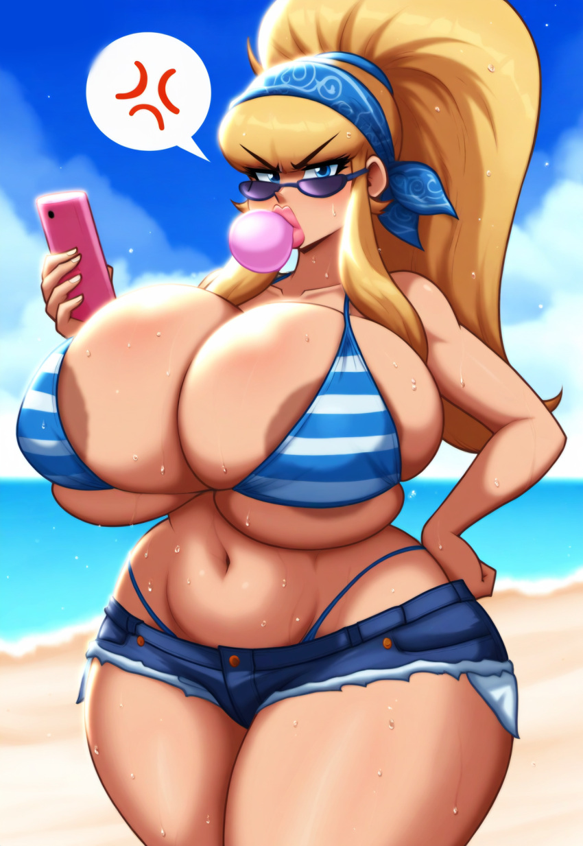 ai_generated annoyed bandana beach bikini bimbo blonde_hair blue_eyes huge_ass huge_breasts jean_shorts looking_over_eyewear looking_over_sunglasses pantylines phone ponytail sunglasses thong_bikini tinted_eyewear wide_hips