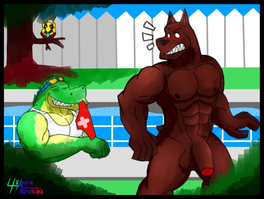 abs anthro assisted_exposure balls biceps canine color crocodile crocodilian embarrassed enm fur jackal league_of_legends male male_only mammal muscular nasus nipples nude pecs penis pool_party_renekton pool_party_series renekton reptile riot_games scales scalie smile teeth urbanmonster video_games