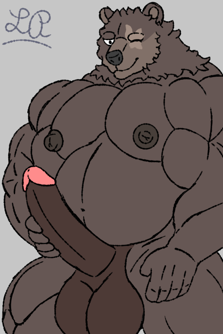 2022 anthro balls bear belly ben_bigger big_belly big_pecs big_penis brown_body canid digital_media_(artwork) erection fur genitals hi_res humanoid_genitalia humanoid_penis looking_at_viewer lusty_place male male_only mammal mihoyo moobs muscular muscular_anthro nipples nude overweight overweight_male pecs penis scar simple_background smile solo zenless_zone_zero