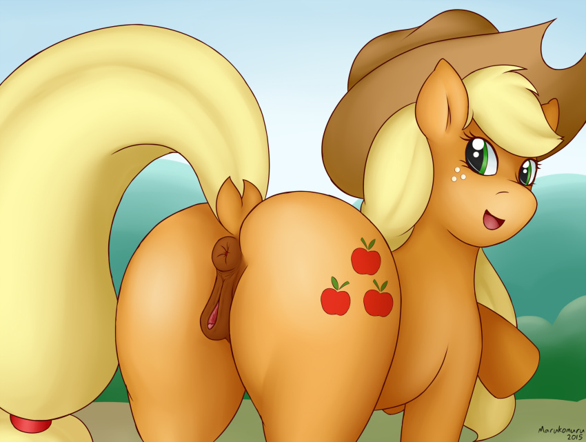 anus applejack_(mlp) blonde_hair clitoris cutie_mark equine female freckles friendship_is_magic fur furry furry_only hair hat horse looking_at_viewer looking_back mammal marukomuru my_little_pony nude open_mouth orange_fur outside pony pussy smile smooth_skin solo tongue