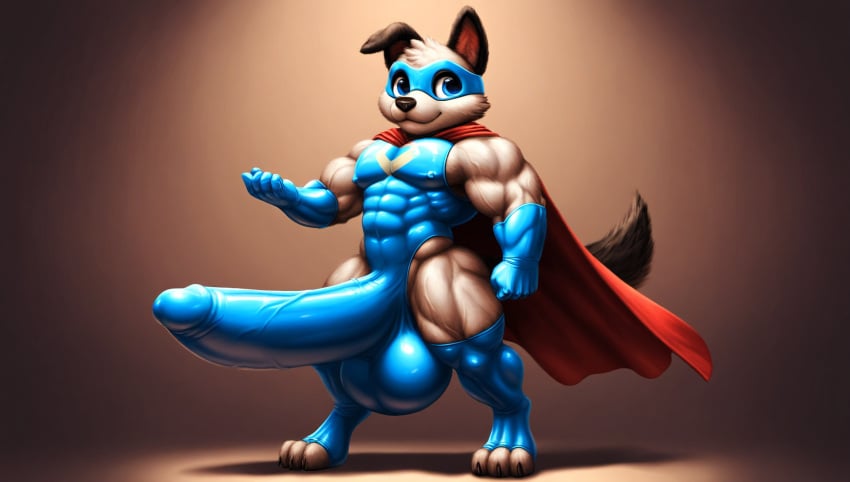 abs ai_generated anthro anthro_only big_head big_muscles blue_clothing blue_eyes body_outline bulging_biceps cape casual_erection chest_markings cub cute_eyes detailed detailed_fur digitigrade domestic_dog erection form_fitting gloves hyper hyper_balls hyper_genitalia hyper_penis latex latex_clothing male mask muscle_tone muscular muscular_male nai_diffusion nipple_bulge nipple_outline pectoral_bulge pectorals penis_outline shameless simple_background skintight skintight_suit small_but_hung small_but_hyper solo standing strong superhero thick_thighs toeless_thigh_highs veiny_muscles veiny_penis wearing_mask young
