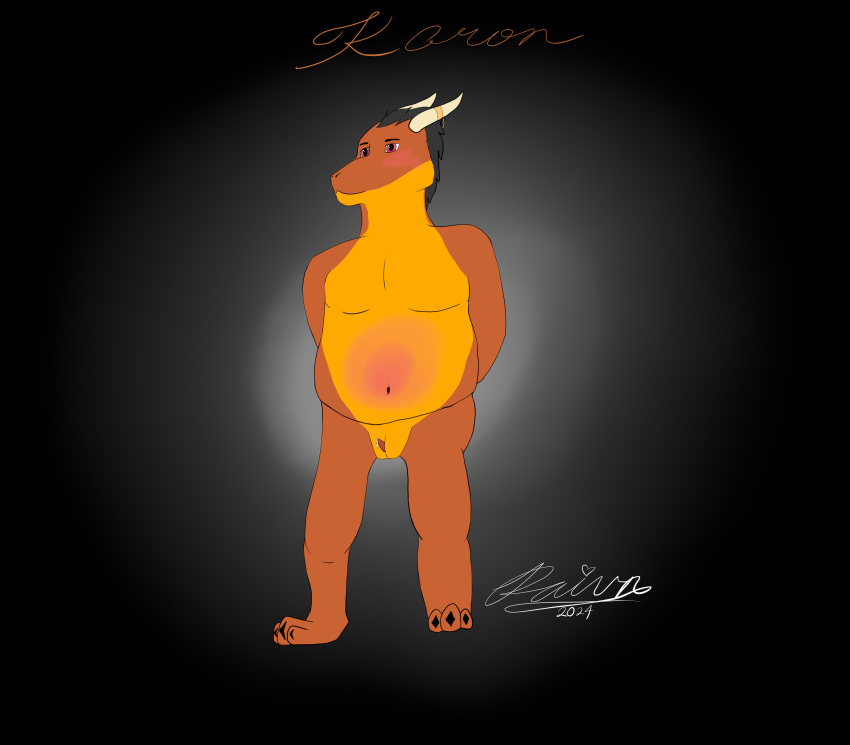 3_toes absurd_res anthro blush claws dragon feet genitals half-erect hi_res horn koron male mythological_creature mythological_scalie mythology orange_body penis pregnant pregnant_male raivn_griffin scalie slightly_chubby solo toe_claws toes