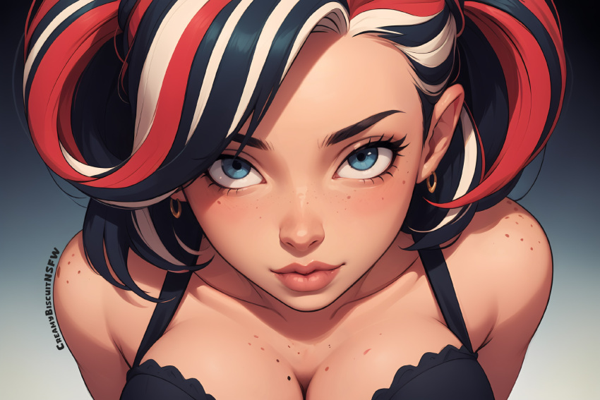 ai_assisted bare_shoulders black_hair blue_eyes body_freckles bra breasts cleavage colors creamybiscuit earrings freckles gradient_background hoop_earrings jewelry lips mole_on_breast multicolored_hair red_hair streaked_hair two_tone_hair underwear upper_body white_hair